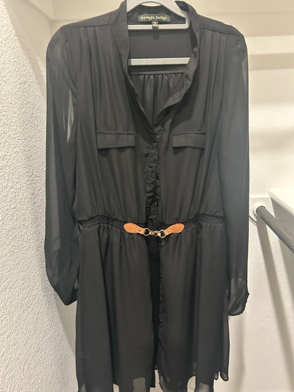 Always Indigo Black Sheer Dress Belted Shirt Dress Lightweight - Size XL